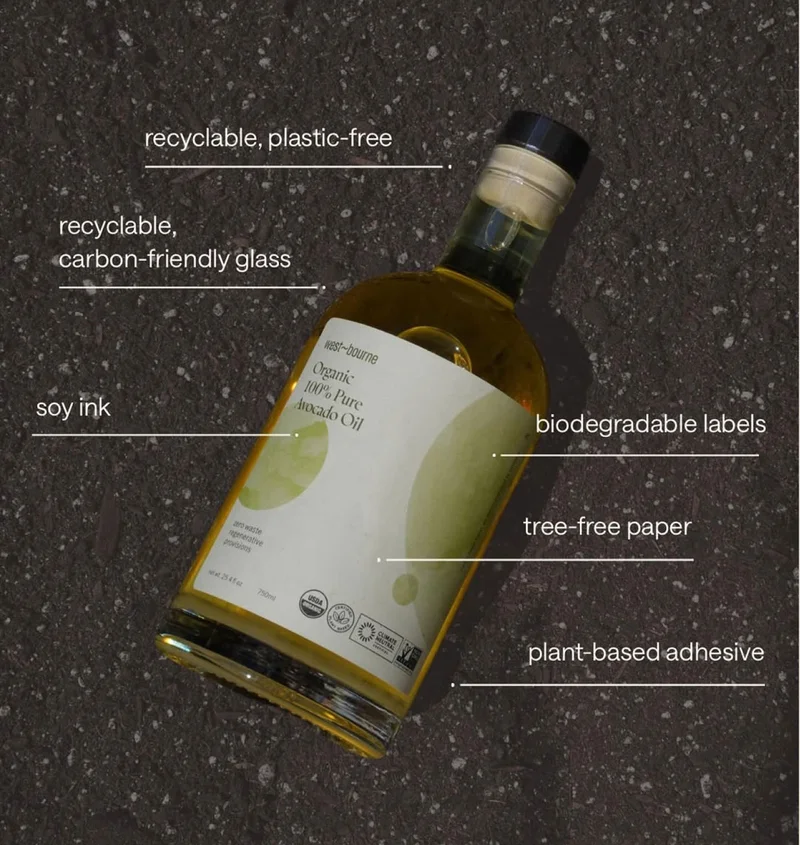 Recyclable, plastic-free, recyclable, carbon-friendly glass, soy ink, biodegradable labels, tree-free paper, plant-based adhesive.