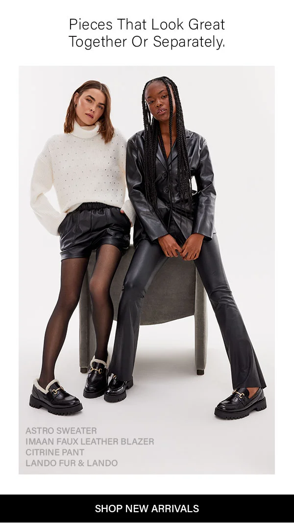 Astor Sweater, Imaan faux leather blazer citrine pant lando fur and lando