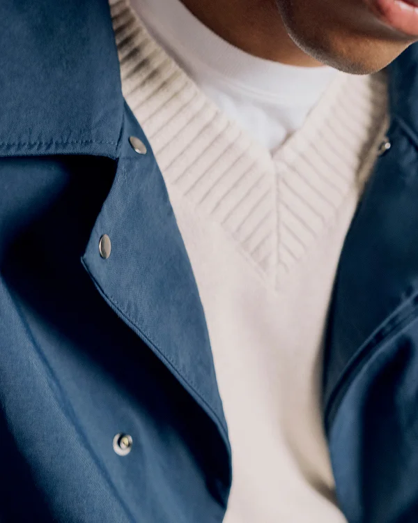 Image | Model in Relaxed V-Neck Sweater in Everyday Cotton | Heathered Oat