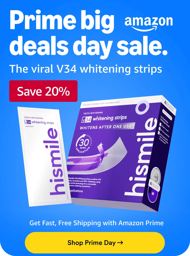 Prime big deals day sale. The viral V34 whitening strips. Save 20%. Shop Prime Day.