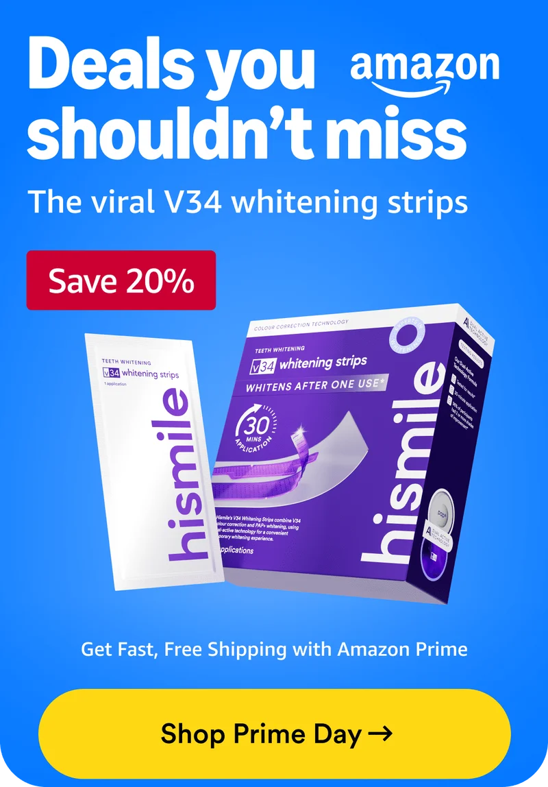 Prime big deals day sale. The viral V34 whitening strips. Save 20%. Shop Prime Day.