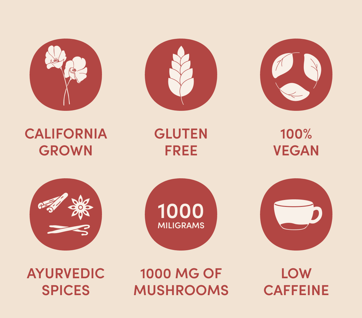 California Grown | Gluten Free | 100% Vegan | Ayurvedic Spices | 1000mg of Mushrooms | Low Caffeine