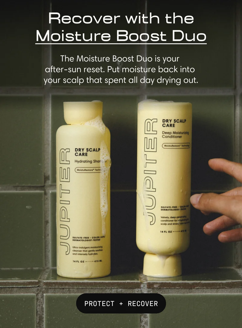 Recover with the Moisture Boost Duo. The Moisture Boost Duo is your after-sun reset. Put moisture back into your scalp that spent all day drying out. Jupiter Dry Scalp Care Hydrating Shampoo and Deep Moisturizing Conditioner in yellow bottles on a tiled shower ledge. Protect + recover.