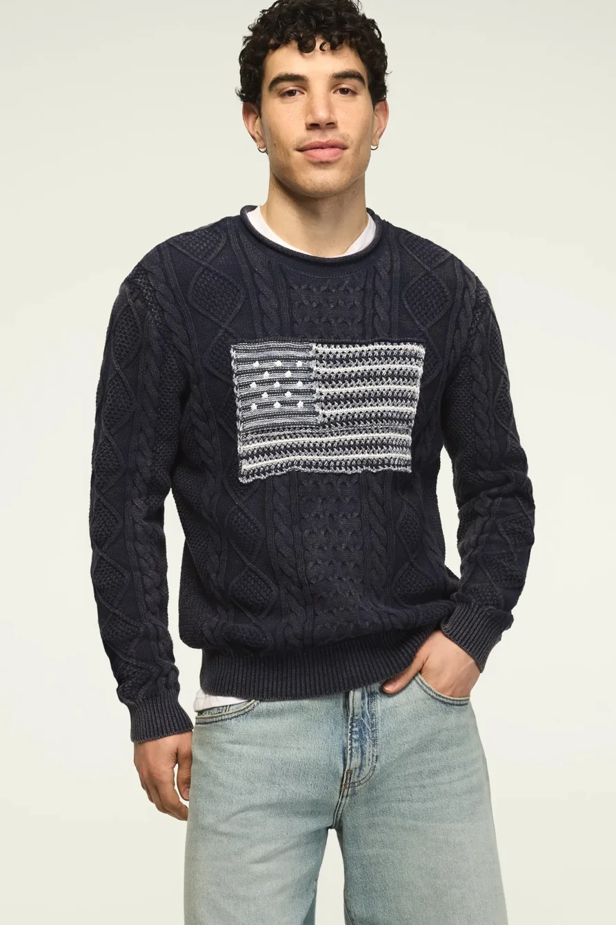 Image of Lucky Brand Americana Sweater -Men's Clothing Tops Sweaters in Blue Indigo