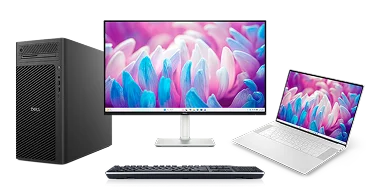 A Dell desktop computer, monitor, wireless keyboard and laptop computer.
