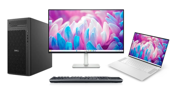 A Dell desktop computer, monitor, wireless keyboard and laptop computer.