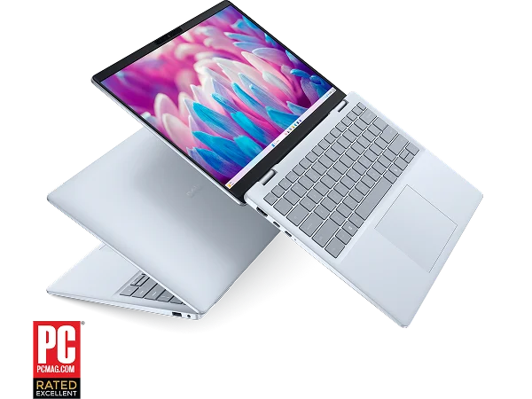 Two Dell 14 Plus Laptop computers and a “PCMag Rated Excellent” logo.