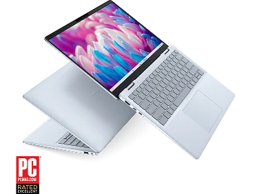 Two Dell 14 Plus Laptop computers and a “PCMag Rated Excellent” logo.