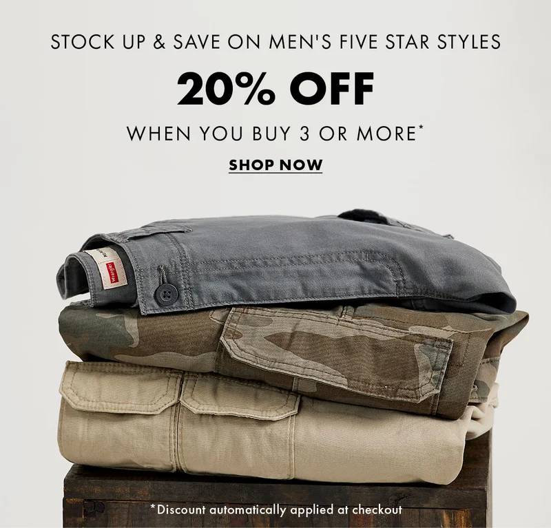 Stock Up & Save On Mens Five Star Styles 20% Off When You Buy 3 Or More* Shop Now * Discount Automatically Applied At Checkout