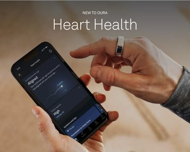 Picture showing Oura ring and in app Heart Health feature