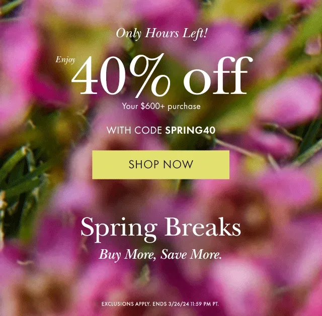 Only Hours Left! Enjoy 40% off Your $600+ purchase WITH CODE discount code Spring Breaks Buy More, Save More.