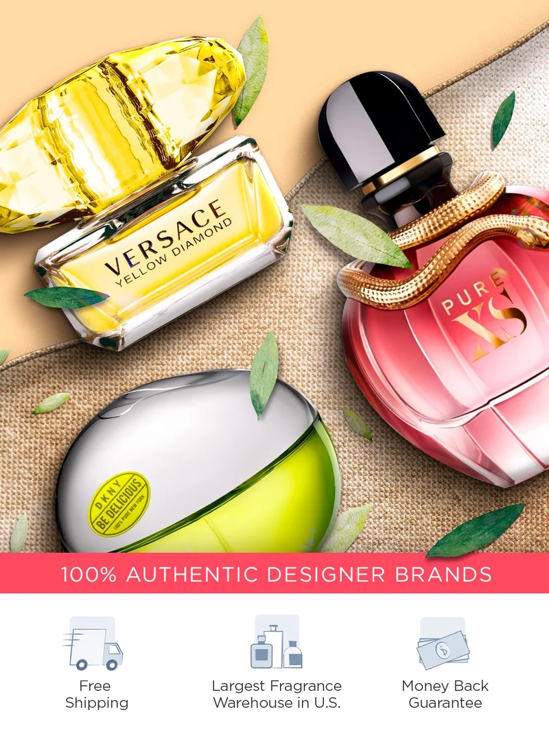 Popular fragrances on display scattered with green leaves to advertise spring sale