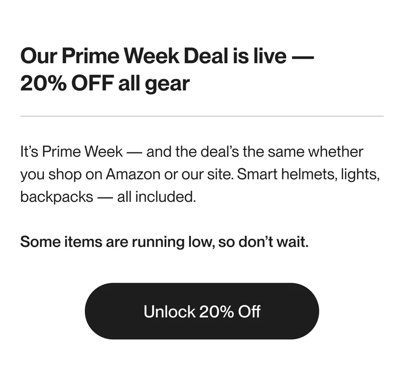 Promotional banner announcing 20% off all UNIT 1 gear during Prime Week, valid on both Amazon and the UNIT 1 website.