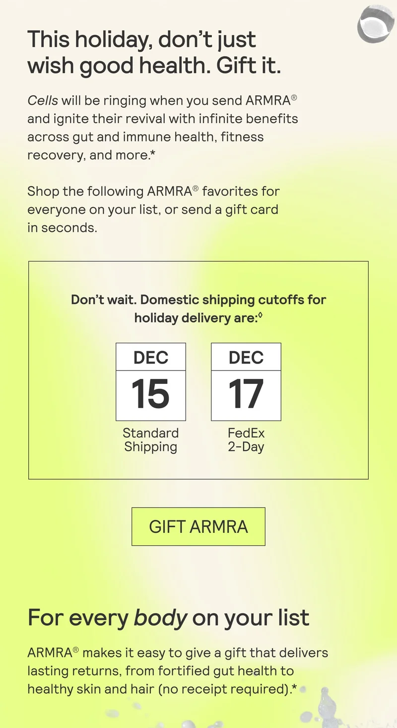 Holiday gifting message describing ARMRA benefits and domestic shipping cutoffs for December 15 standard shipping and December 17 FedEx two-day shipping.