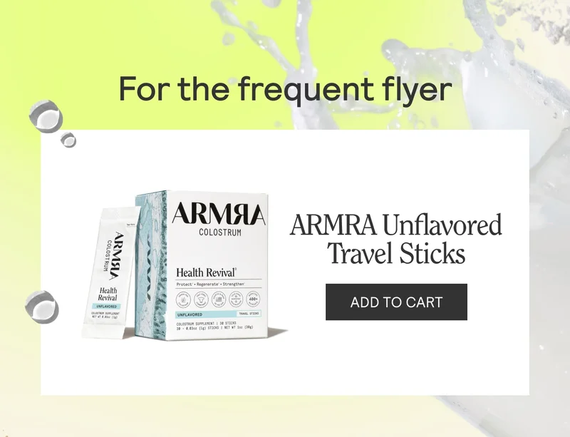 ARMRA Unflavored Travel Sticks product box and single-serve stick shown under the heading “For the frequent flyer,” with an add-to-cart button.