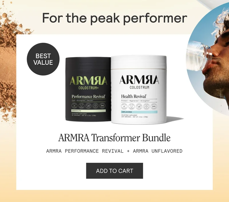 ARMRA Transformer Bundle featuring Performance Revival and Unflavored Health Revival containers labeled as best value, with an add-to-cart button.