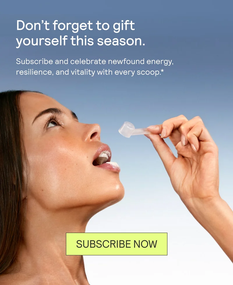 Woman taking ARMRA colostrum powder from a scoop with text encouraging subscription for energy, resilience, and vitality, and a “Subscribe Now” button.