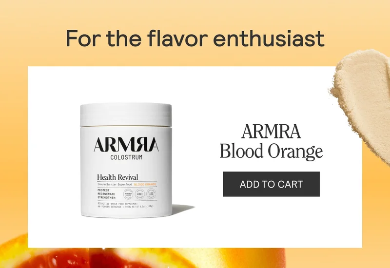 ARMRA Blood Orange Colostrum container shown under the heading “For the flavor enthusiast,” with an add-to-cart button.