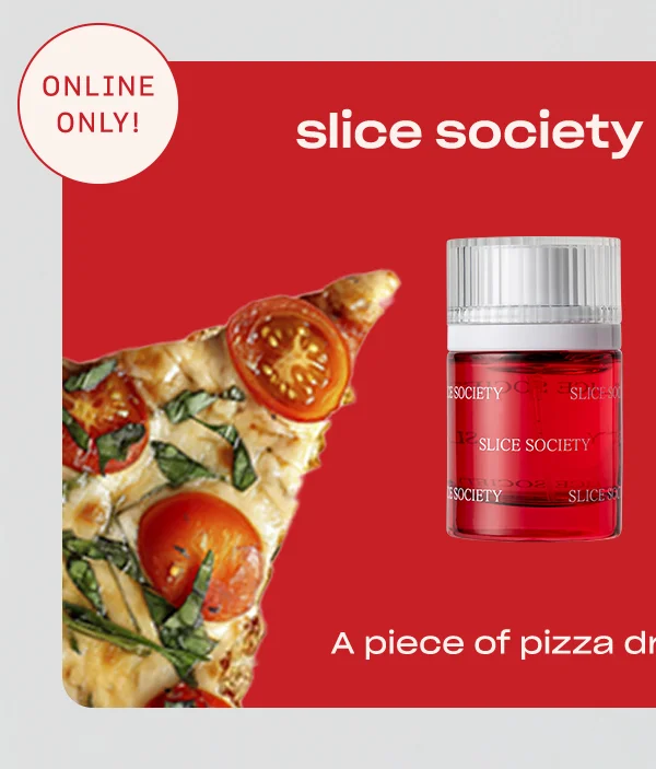 slice society + honey suite [online only badge] A piece of pizza drizzled with honey.