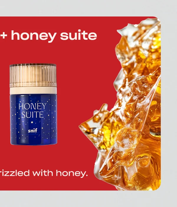 slice society + honey suite [online only badge] A piece of pizza drizzled with honey.