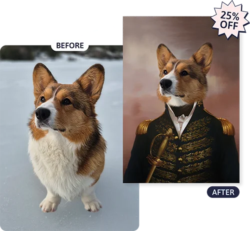 Before and after of a Corgi Renaissance portrait