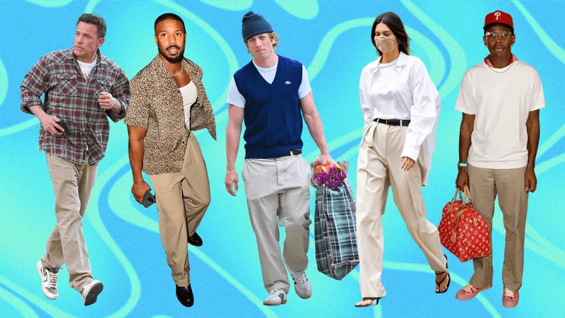 celebrity men wearing khaki pants against a swirly blue background