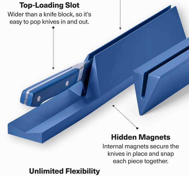 Breakthrough modular design. Top-loading slot: Wider than a knife block, so it's easy to pop knives in and out. Hidden Magnets: Internal magnets secure the knives in place and snap each piece together.