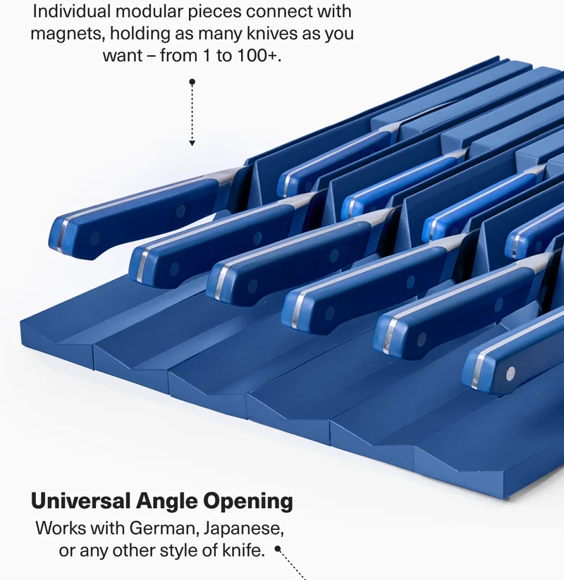 Unlimited Flexibility: Individual modular pieces connect with magnets, holding as many knives as you want - from 1 to 100+. Universal angle opening: Works with German, Japanese, or any other style of knife