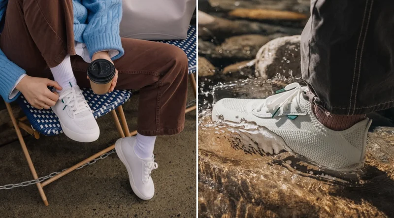 2 lifestyle photos of the Weekend Sneaker in Marble White.