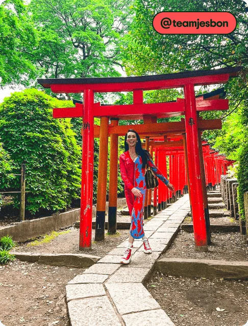 Image Description: A person walking through a red gate pathway.
