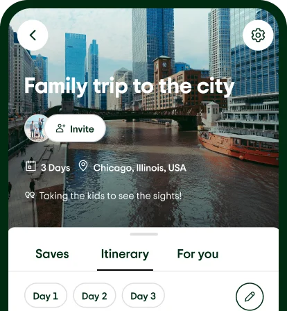 Image Description: A phone screen with a “Family trip to the city” itinerary and an image of a boat on a river surrounded by buildings.