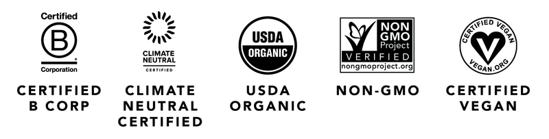 Certified B Corp, Climate Neutral Certified, USDA Organic, Non-GMO, Certified Vegan