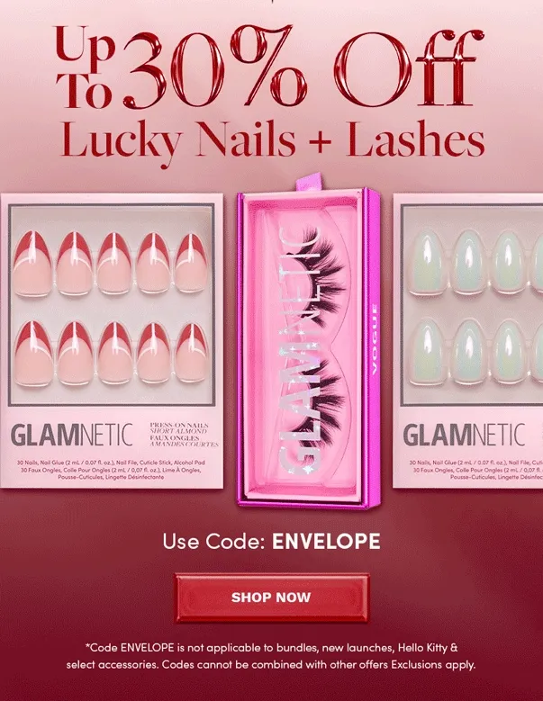 Get up to 30% off Lucky Nails + Lashes with the code ENVELOPE