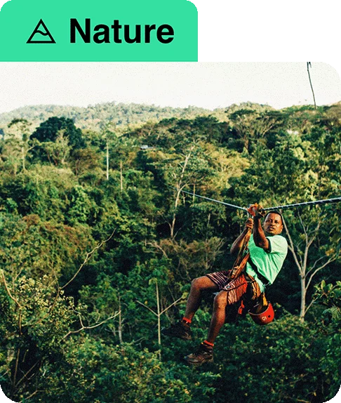 Image description: A person zip-lining over the jungle. A mountain icon next to the word “Nature” is at the top of the image.