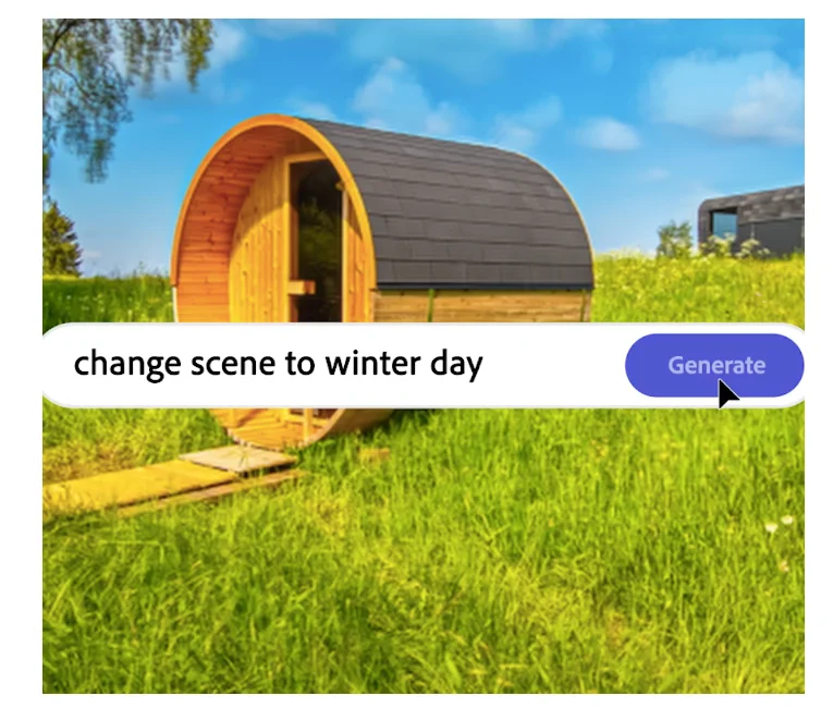 An image of a summer scene with a text box that says "change scene to winter day" and a Generate button.