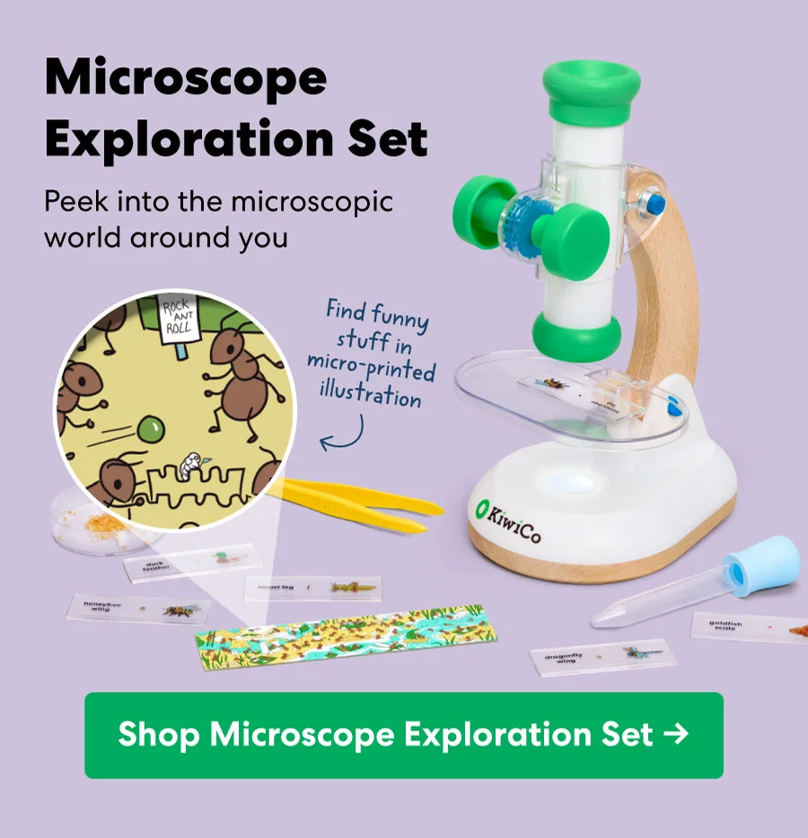 KiwiCo Microscope Exploration Set displayed with kid-friendly microscope and illustrated petri dish. Caption highlights discovering microscopic worlds. CTA button: “Shop Microscope Exploration Set.”