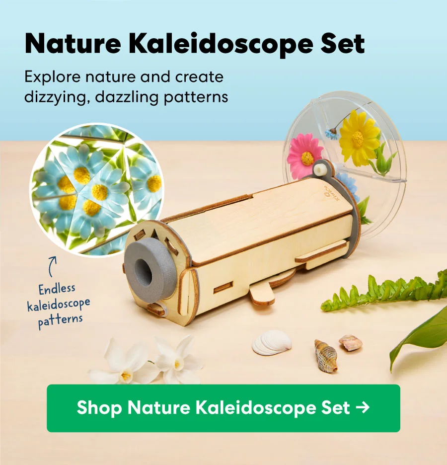 Nature Kaleidoscope Set with pressed flowers and natural materials. Caption encourages exploring patterns and creating dazzling kaleidoscope visuals. CTA: “Shop Nature Kaleidoscope Set.”