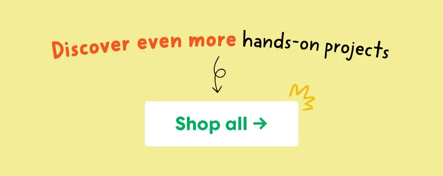 Bright yellow footer with crayon-style doodles and text: “Discover even more hands-on projects.” CTA button: “Shop all.”