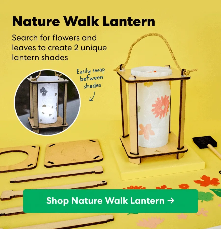 Animated GIF showing the Nature Walk Lantern kit with swappable floral lantern shades. Includes wooden frame pieces and caption: “Search for flowers and leaves to create 2 unique lantern shades.” CTA: “Shop Nature Walk Lantern.”