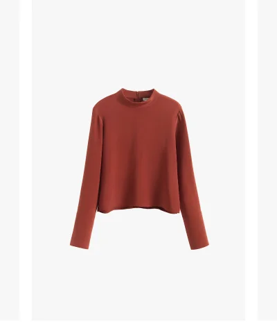 Silk Mock Neck Top Dark Terracotta