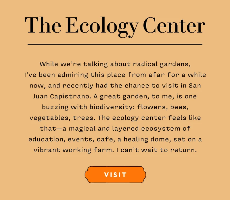 While we’re talking about radical gardens, I’ve been admiring this place from afar for a while now, and recently had the chance to visit in San Juan Capistrano. A great garden, to me, is one buzzing with biodiversity: flowers, bees, vegetables, trees. The ecology center feels like that — a magical and layered ecosystem of education, events, cafe, a healing dome, set on a vibrant working farm. I can’t wait to return.     VISIT