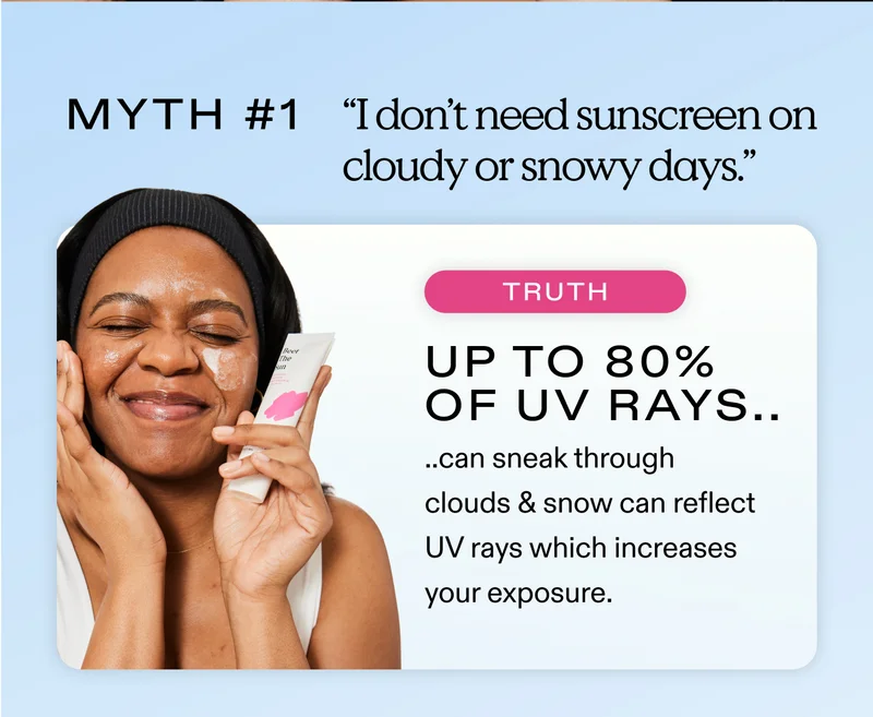 Myth #1: “I don’t need sunscreen on cloudy or snowy days.”  | Truth: Up to 80% of UV rays can sneak through clouds & snow can reflect UV rays, which increases your exposure.
