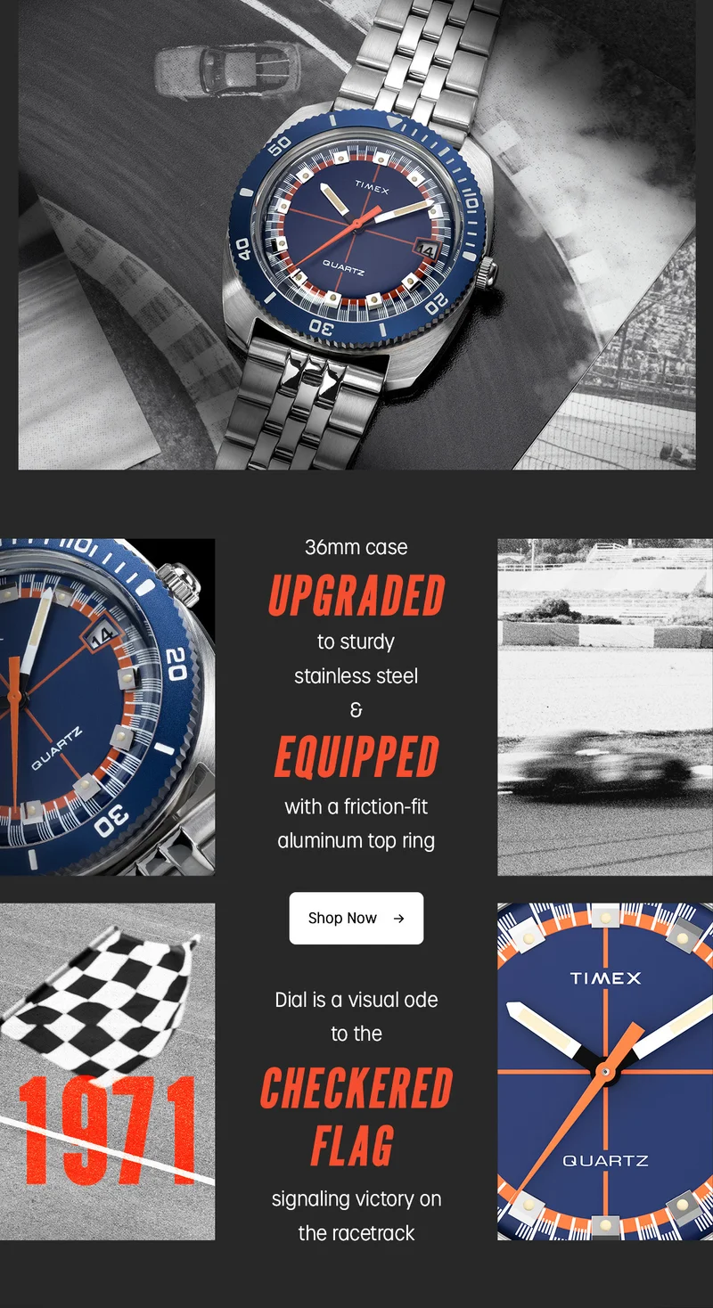 36mm UPGRADED  to study stainless steel & EQUIPPED  with a friction-fit aluminum top ring | Shop Now | Dial is a visual ode to the CHECKERED FLAG signaling victory on the racetrack