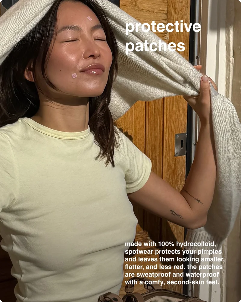 protective patches - made with 100% hydrocolloid, spotwear protects your pimples and leaves them looking smaller, flatter, and less red. the patches are sweatproof and waterproof with a comfy, second-skin feel.