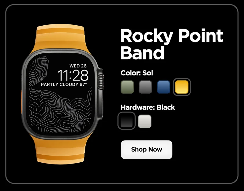 We engineered Rocky Point Band from the ground up to complement your Apple Watch and boost its functionality on adventures near and far. From its ultra-tough, compression-molded FKM to its titanium hardware, every detail was carefully weighed to maximize performance and take you to new heights.