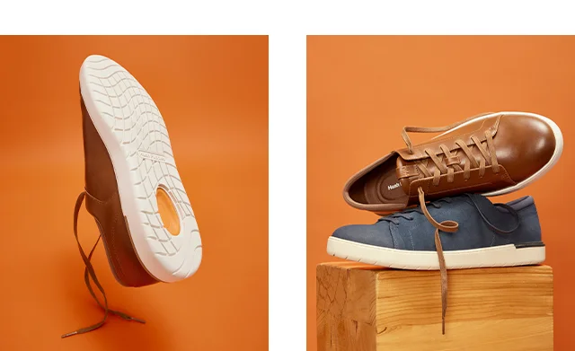 The men’s Beni sneaker in Navy medium-width and Tan wide-width. Shop Sneakers.
