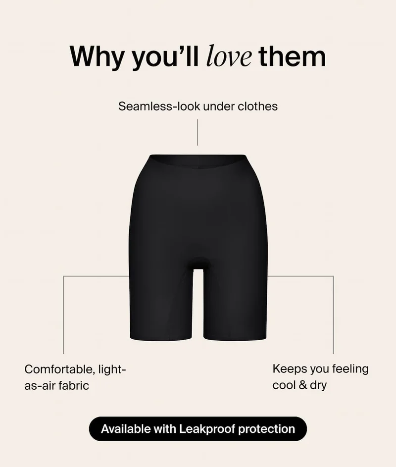 Why you'll love them seamless-look under clothes. Comfortable light-as-air fabric. Keeps you feeling cool & dry. Available with leakproof protection.