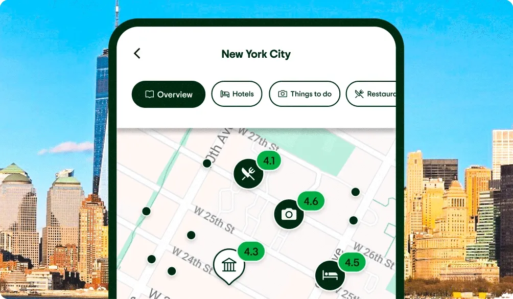 Image Description: A phone screen with a city map and various things to do geo pins appearing on it.