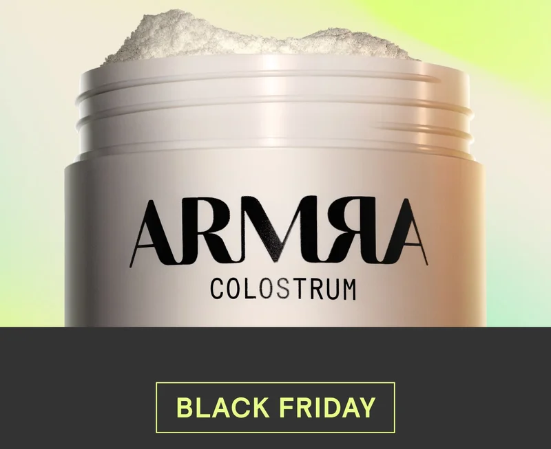ARMRA Colostrum jar close-up with powder visible, Black Friday label below.