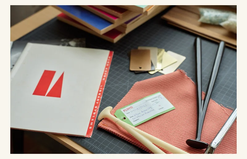 Pictured: Archival and prototype materials used in the design process.